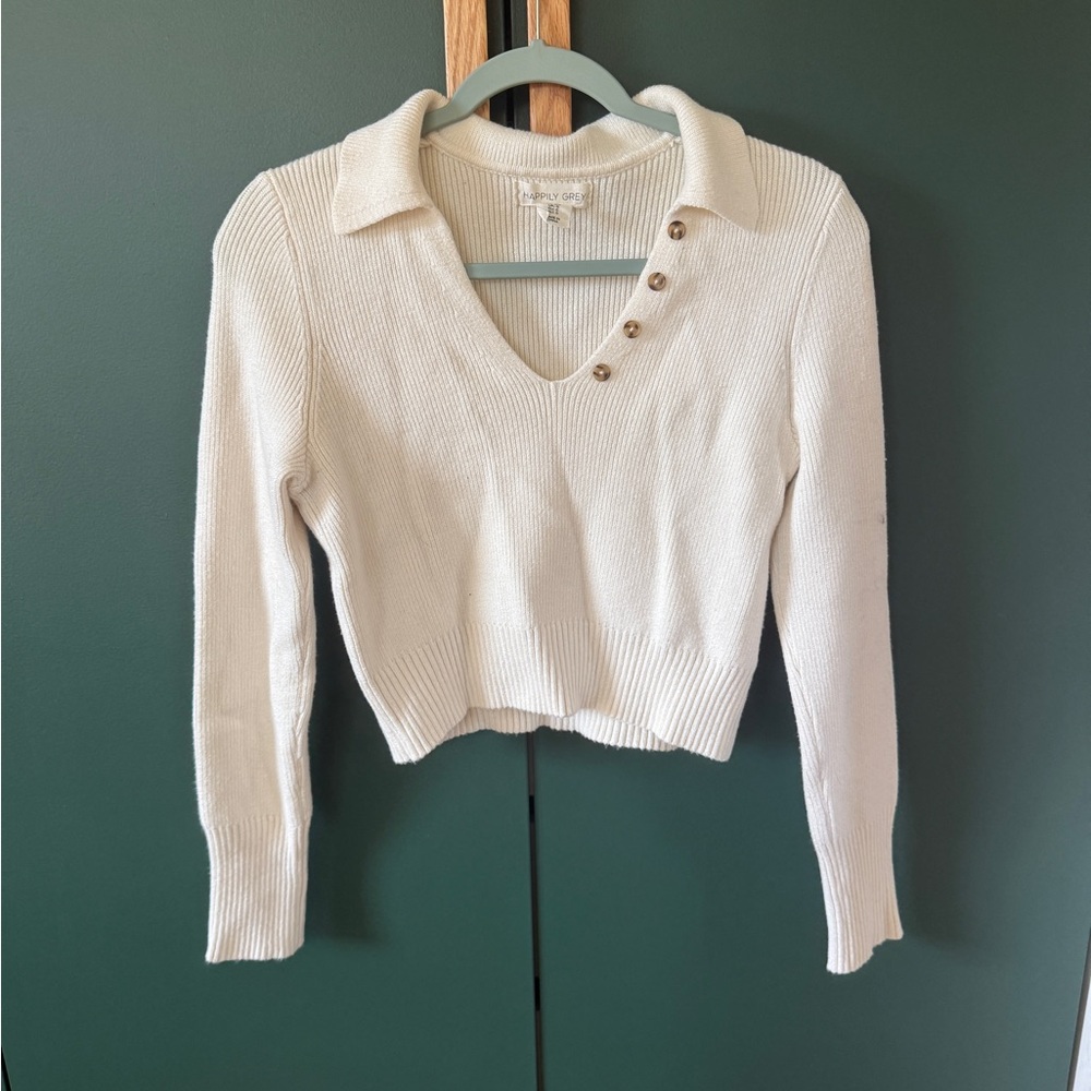 Cropped & Collared Cream V-Neck Sweater